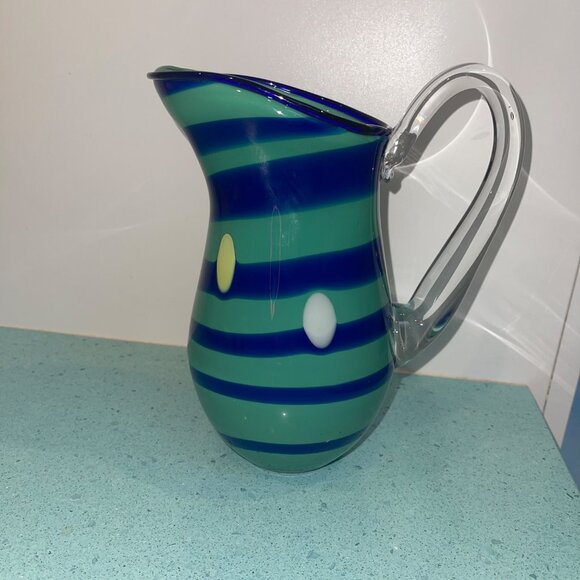 Pitcher Green Hand Blown Striped Art Glass Decor Collectible - Picture 8 of 8